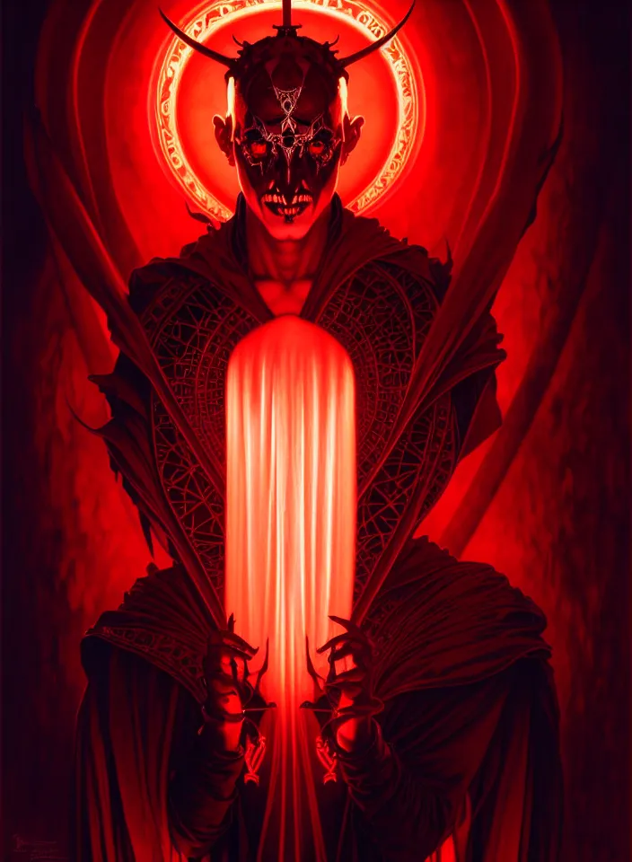 Image similar to symmetry!! portrait of a demonic man, gothic outfit, blood colored glowing lights!! evil atmosphere, intricate, elegant, highly detailed, digital painting, artstation, symmetric concept art, smooth, sharp focus, illustration, art by artgerm and greg rutkowski and alphonse mucha, 8 k