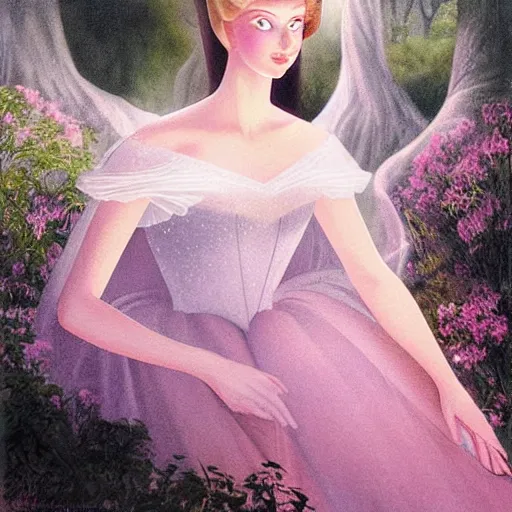 Prompt: A painting, beauty & mystery of Princess Aurora. Enigmatic smile and gaze invite us into her world, and we cannot help but be drawn in. Soft features & delicate way she is dressed make her almost ethereal. Landscape distance and mystery. What secrets Princess Aurora holds. Hadean by Gordon Parks, by Ed Emshwiller