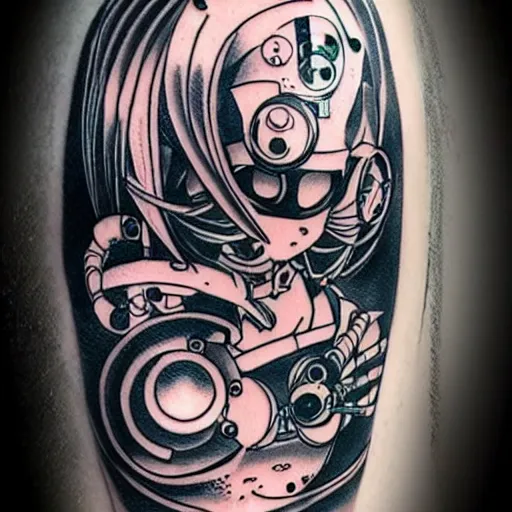 Image similar to Anime manga robot!! catgirl tattoo, exposed wires and gears, fully robotic!! catgirl, manga!! in the style of Junji Ito and Naoko Takeuchi, cute!! chibi!!! catgirl, tattoo on upper arm, arm tattoo