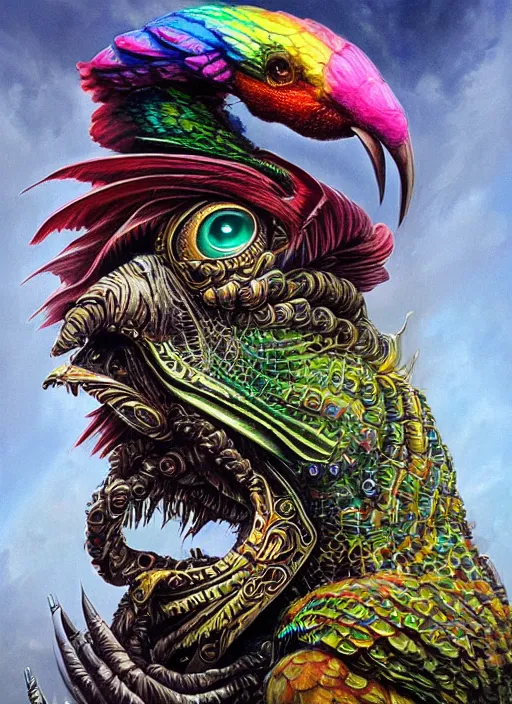 Image similar to cyber parrot downtown cn tower mf doom reptile eyes, rainbow metal feathers, intricate, elegant, highly detailed, centered, digital painting, artstation, concept art, smooth, sharp focus, illustration, artgerm, tomasz alen kopera, peter mohrbacher, donato giancola, joseph christian leyendecker, wlop, frank frazetta