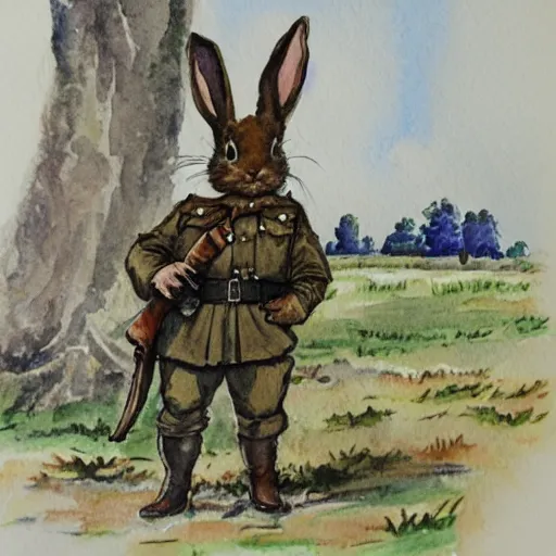 Image similar to a watercolour painting of a rabbit dressed as a ww1 soldier, standing in a muddy field with dead trees in the background