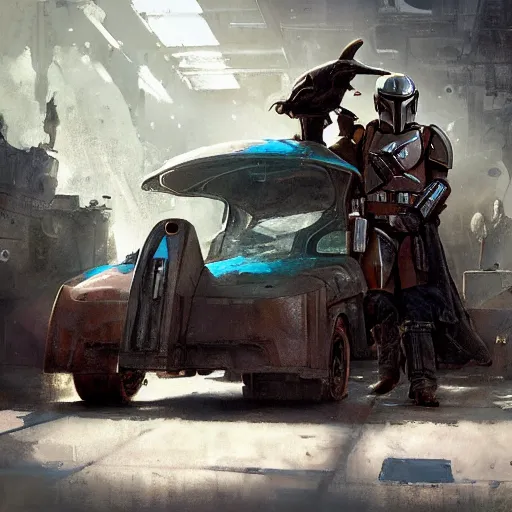 Prompt: the mandalorian, driving a steampunk zamboni, by craig mullins, jeremy mann, jeremy mann.