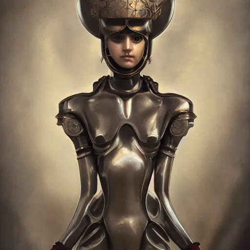 Prompt: tom bagshaw, curiosities carnival, photorealistic medium shot soft paint of a single beautiful cosplay full long futuristic metallic armor very tight metal ornate face, gynoid body, accurate features, focus, very intricate ultrafine details, award winning masterpiece