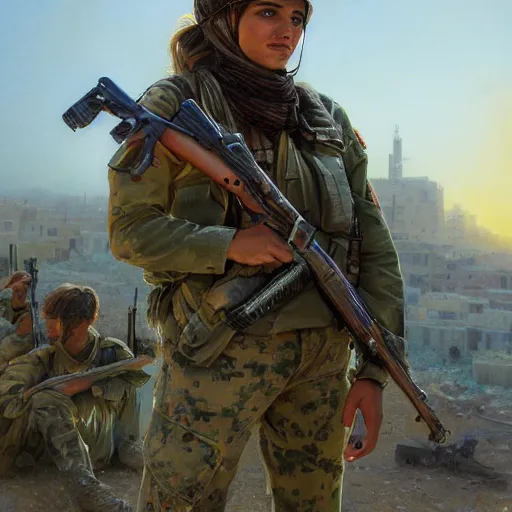 Image similar to beautiful YPJ soldier in the defense of Kobanî in the siege of Kobanî, detailed, centered, digital painting, artstation, concept art, donato giancola, Joseph Christian Leyendecker, Boris Vallejo, Breathtaking, 8k resolution, extremely detailed, beautiful, establishing shot, artistic, hyperrealistic, beautiful face, octane render