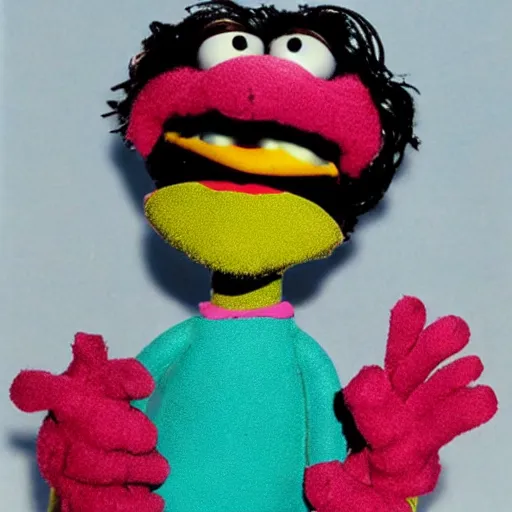 Prompt: Frank-N-Furter Muppet, 1979 metal lunchbox, 120mm kodak color photo, sun faded