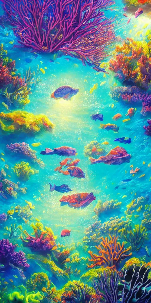 Prompt: underwater coral reef landscape magical realism painting with sun rays coming from above, neon pastel colors