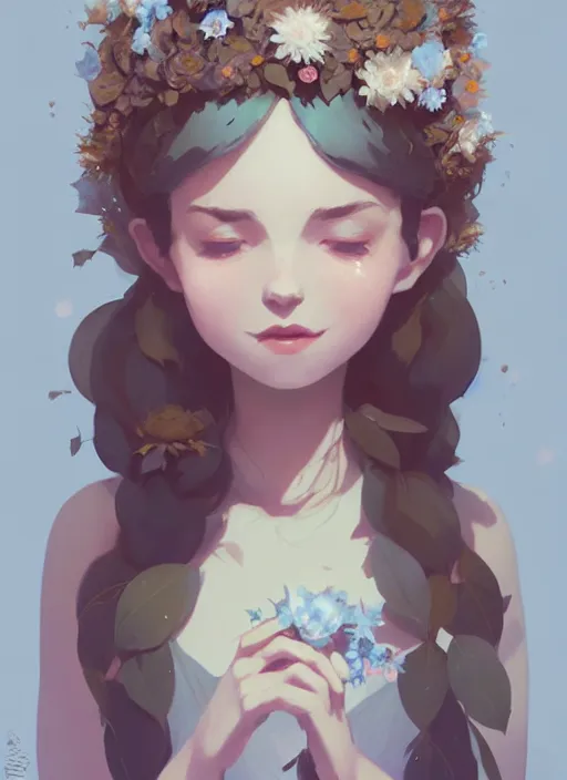 Image similar to portrait of cute fairy girl with crown of flowers fantasy, by atey ghailan, by greg rutkowski, by greg tocchini, by james gilleard, by joe gb fenton, by kaethe butcher, dynamic lighting, gradient light blue, brown, blonde cream and white color in scheme, grunge aesthetic