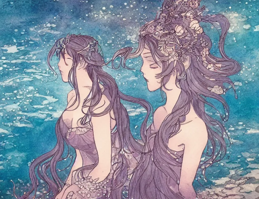 Prompt: princess of the sea at hanami. color ink wash by award - winning mangaka, chiaroscuro, bokeh, backlighting, intricate details