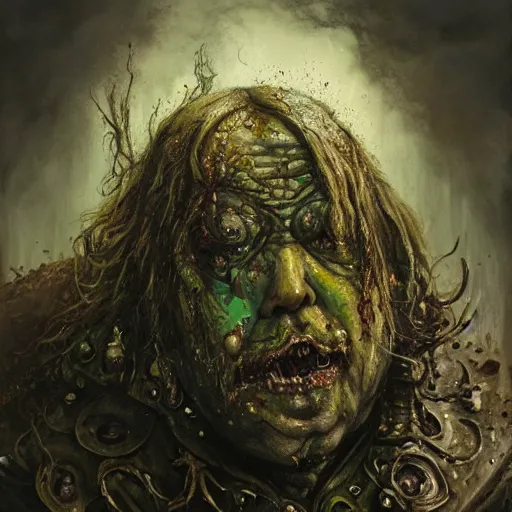 Image similar to closeup portrait shot of john candy as nurgle, the lord of pestilence, the plaguefather, great corrupter, decay, highly detailed, digital painting, artstation, concept art, soft focus, depth of field, artgerm, tomasz alen kopera, peter mohrbacher, donato giancola, wlop, boris vallejo