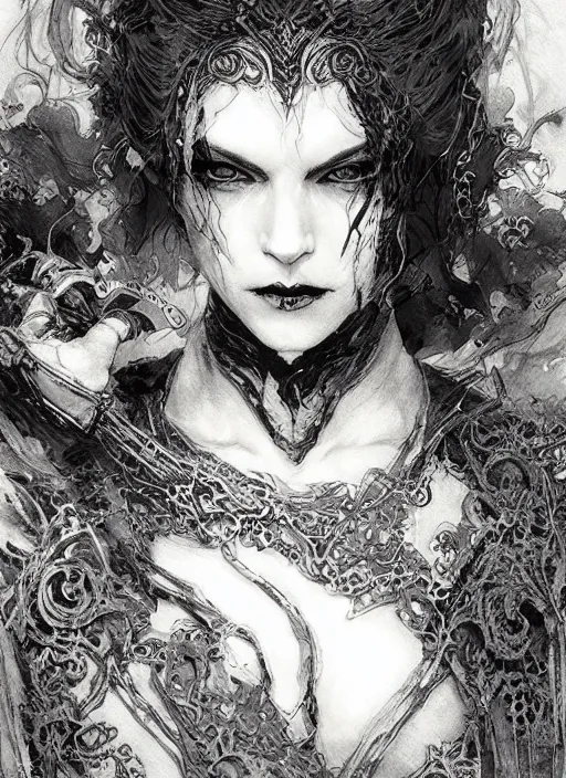 Prompt: portrait of carmilla the vampiress, pen and ink, intricate line drawings, by craig mullins, ruan jia, kentaro miura, greg rutkowski