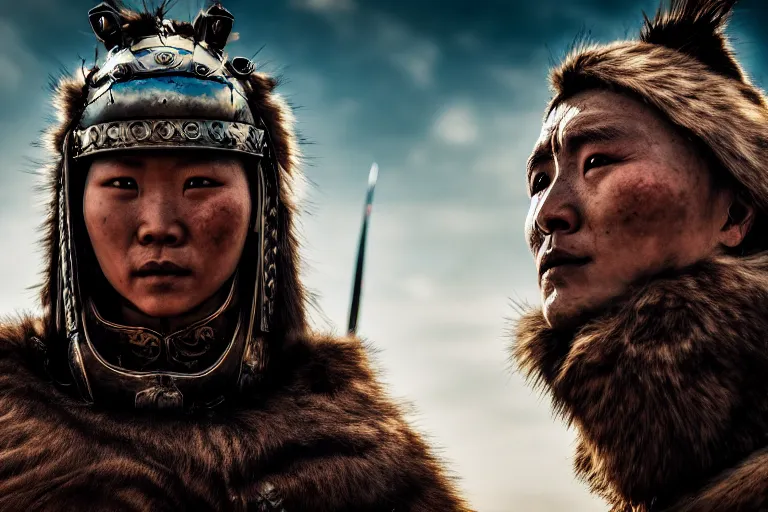 Image similar to vfx film closeup, futuristic mongolian warriors, sci - fi mongolian village, robot stand - off, flat color profile low - key lighting award winning photography arri alexa cinematography, hyper real photorealistic cinematic, atmospheric cool colorgrade