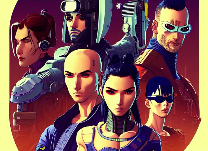 Prompt: cyberpunk elite samurai squad. portrait by stonehouse and mœbius and will eisner and gil elvgren and pixar. character design. realistic proportions. cyberpunk 2 0 7 7 character art, blade runner 2 0 4 9 concept art. cel shading. attractive face. thick lines. the team. diverse characters. artstationhq.