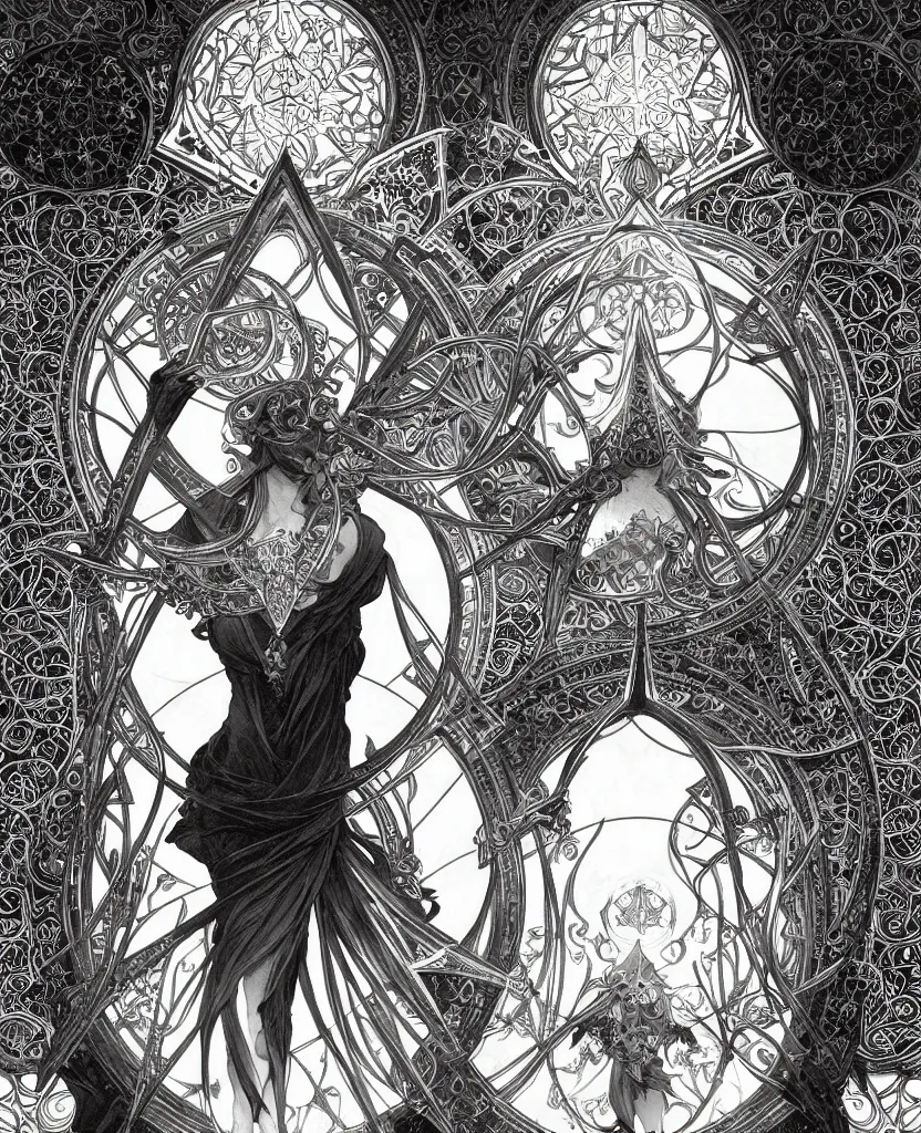 Image similar to black and white illustration of mystical geometrical alchemical black sacred symbols, deep focus, intricate, elegant, highly detailed, pen and ink style, artstation, concept art, matte, sharp focus, art by artgerm and greg rutkowski and alphonse mucha