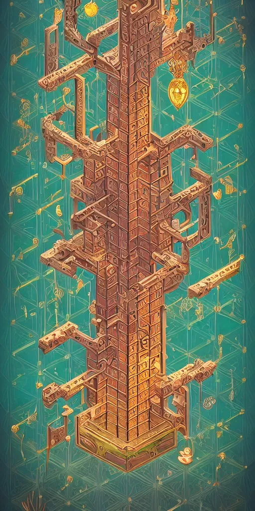 Prompt: isometric bringer of light and light, mystical, intricate ornamental oriental tarot tower floral flourishes, technology meets fantasy, glass, copper, steel, emerald, diamond, amethyst, glass, map, infographic, poster, concept art, art station, style of monument valley, wes anderson