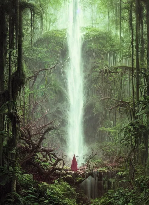 Image similar to a hyper realistic architectural witch shrine under a waterfall in the woods, gorgeous lighting, lush forest foliage, painting by chiara bautista and tom bagshaw, muca beksinski and norman rockwell and greg rutkowski weta studio, and lucasfilm