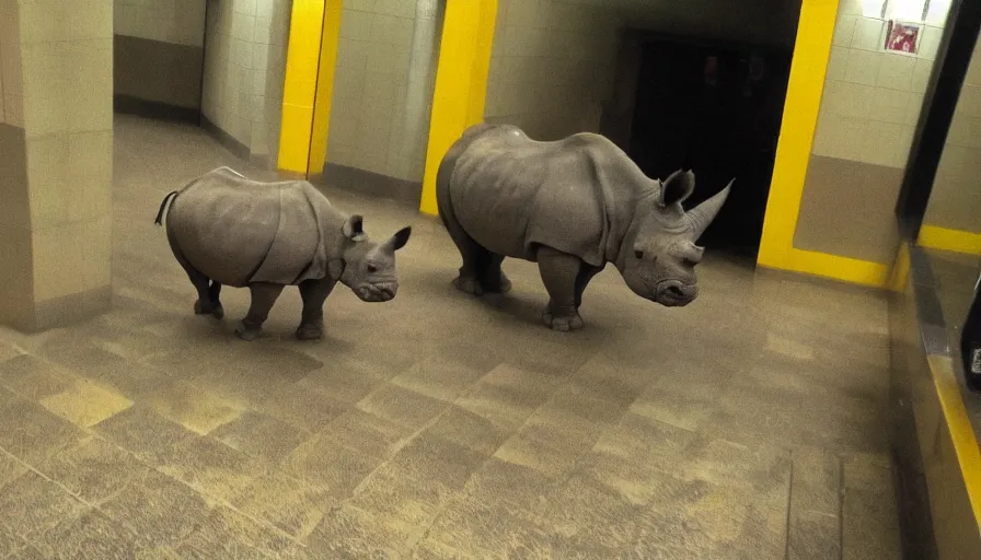 Image similar to a rhinoceros in a public bathroom with yellow tiles floor, mini dv camera found footage, very very low quality, heavy grain, heavy jpeg artifact blurry, caught on trail cam