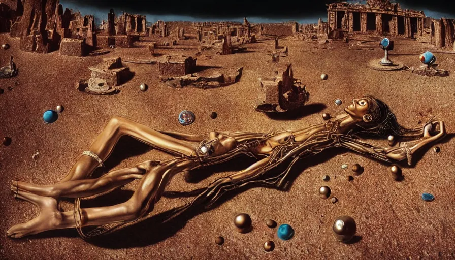 Prompt: levitating salvador dali dressed in jewels costume in a dry rocky desert landscape, alien city ruins designed by giger, giant abandoned alien city by christopher doyle and alejandro jodorowsky, anamorphic lens, kodakchrome, cinematic composition, very detailed photo, 8 k