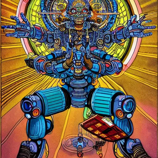 Image similar to detailed intricate color comic poster illustration of a Hindu god with a halo as an evil cyborg alien robot with lots of arms, cyberpunk, sistine chapel, davinci, religion, Hindu, vishnu, akira, dystopian, sci-fi, geof darrow, transmetropolitan, ronin