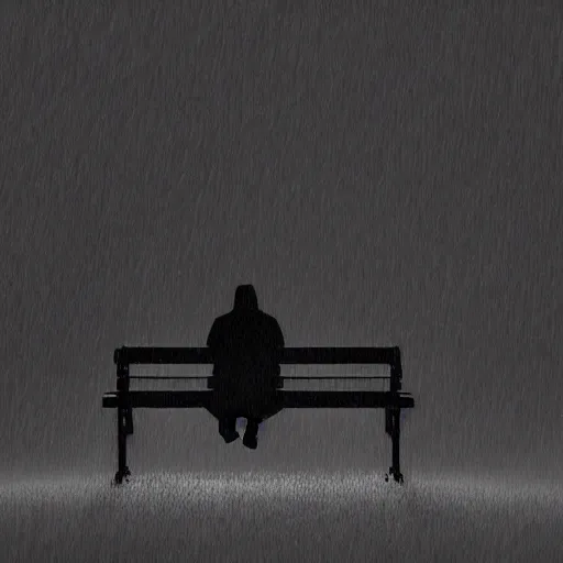 Prompt: a silhouette of a man on a bench while its raining looking down, artstation, advanced digital art