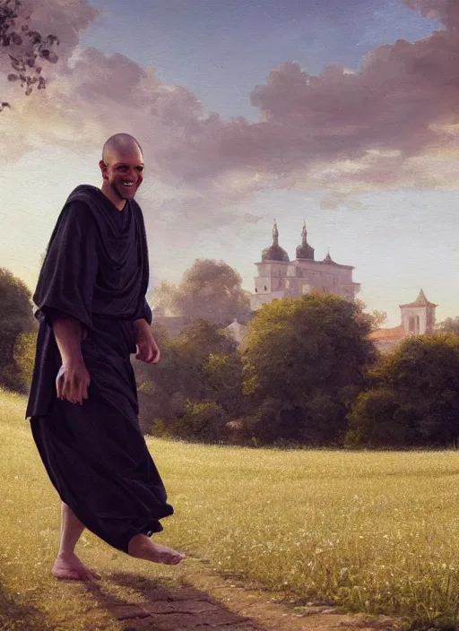 Prompt: oil painting portrait of a happy joyful rejoicing tonsured dominican monk in a white habit, striding through a flourishing garden at sunset with a monastery in the background, hazy, digital art, chiaroscuro, artstation, cinematic, golden hour, digital art painting by greg rutkowski, hazy atmosphere, flowers, cinematic lighting