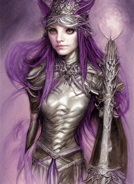 Image similar to portrait of young female sorceress of the endtimes, transluscent skin, silver filigreed armor, lavender hair, beautiful! coherent! dungeons and dragons character, by brian froud, strong line, cool night color, high contrast