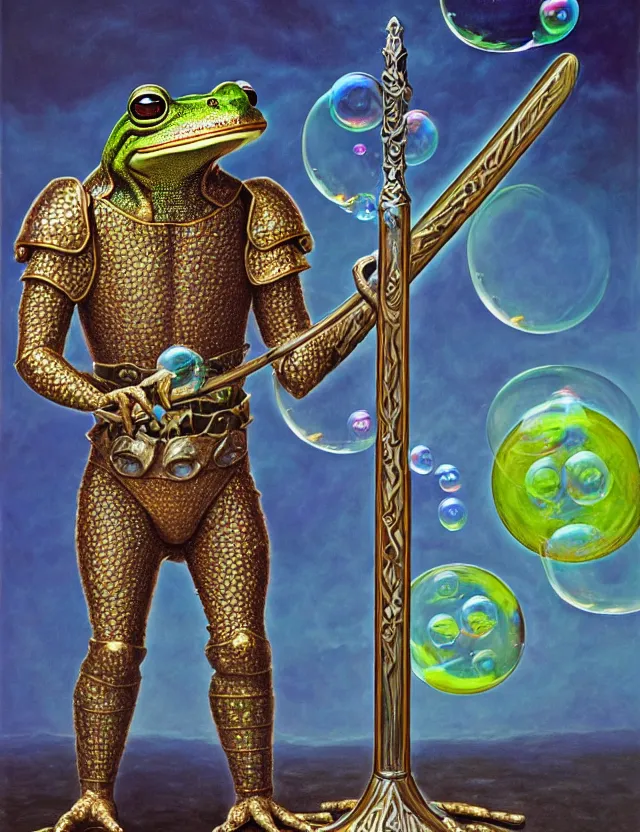 Image similar to anthropomorphic bipedal frog that is wearing full steel plate armor, and holding a colossal sword in his hand, as a matte oil painting and d & d character art, by alex grey, standing, fullbody, floating bubbles, psychedelic, award - winning, extremely detailed, sharp focus