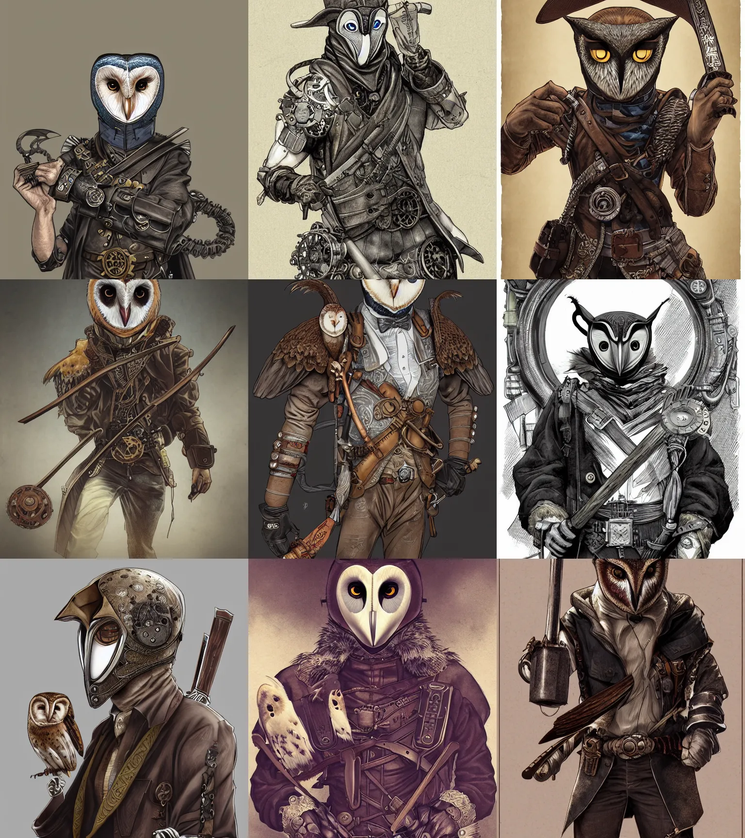 Prompt: portrait a man as hero barn owl based, dc style, barn owl symbol in chest, barn owl mask, hand wraps, katana in both hands, steampunk, by yusuke murata and masakazu katsura, artstation, highly - detailed, cgsociety, pencil and ink, steampunk city in the background, dark colors, intricate details