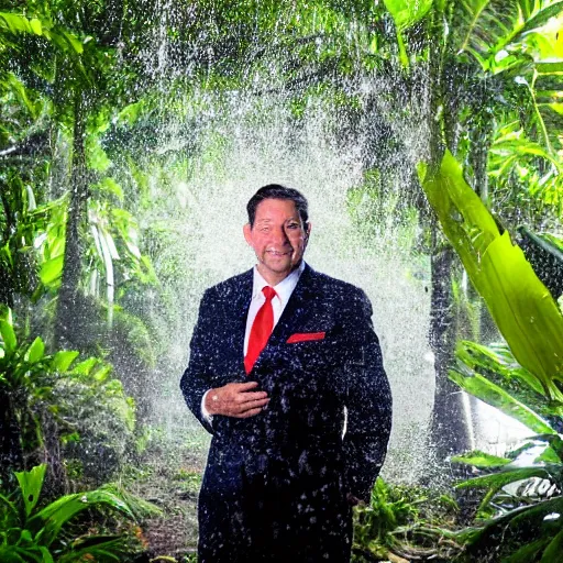 Image similar to 4 k hdr full body wide angle sony portrait of ron desantis in a tropical bali jungle shower with moody stormy overcast lighting