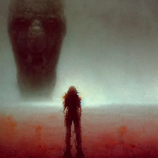 Prompt: a giant talking to miniscule human, by greg rutkowski + beksinski, atmospheric, cinematic, dramatic colors, horror