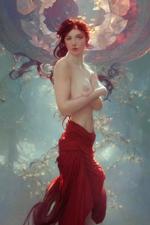 Prompt: perfect red, dreamy and ethereal,, fantasy, intricate, elegant, highly detailed, digital painting, artstation, concept art, smooth, sharp focus, illustration, art by artgerm and greg rutkowski and alphonse mucha