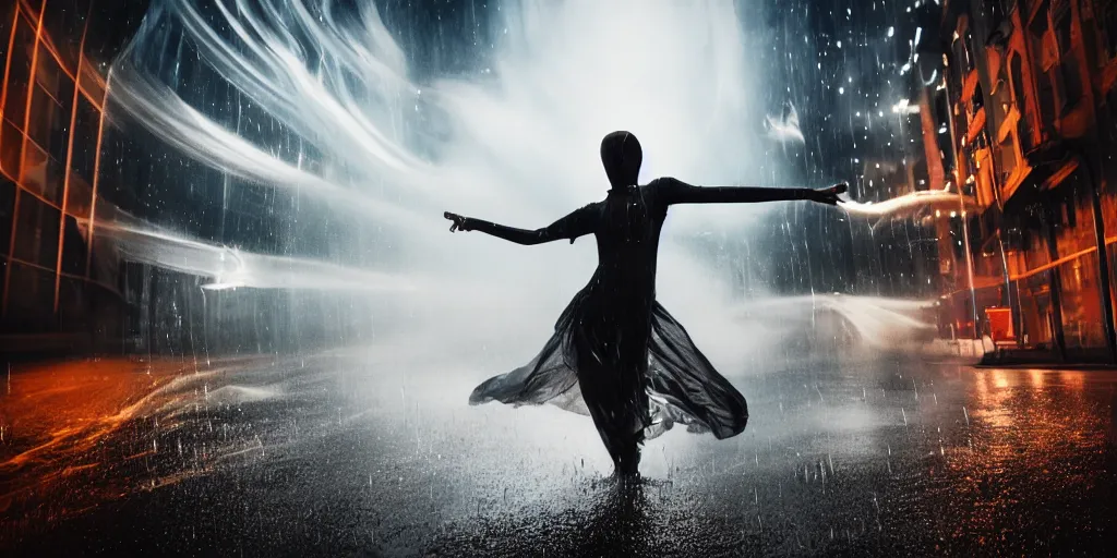 Image similar to slow motion with trail effect of futuristic break dancer wearing floating long dress, long exposure shot , at night in the middle of a rainy street, paddle of water, steam, fog, water splashes, rim lights, glossy reflections, water droplets on lens, octane render, dark and dramatic, explosion in the background, detailed and soft, fisheye