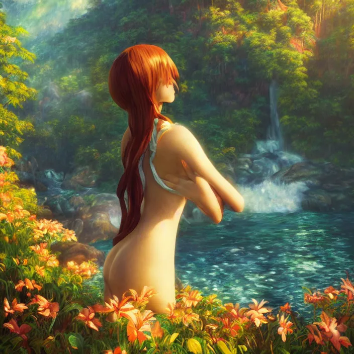 Image similar to an epic makoto shinkai and renoir landscape with a hawaiian waterfall, golden hour, 🌺, a beautiful woman with long chestnut hair, ultra smooth, octane render, lois van baarle, ilya kuvshinov