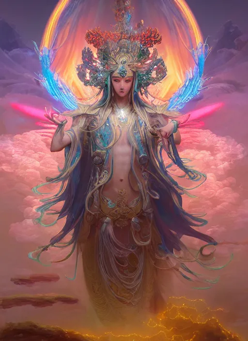 Image similar to Gigantic Deity with a halo made of fluorescent mushrooms and white antlers, flowing robes, extremly detailed digital painting, in the style of Fenghua Zhong and Ruan Jia and Peter Mohrbacher, mystical colors, rim light, beautiful lighting, 8k, stunning scene, raytracing, octane, trending on artstation