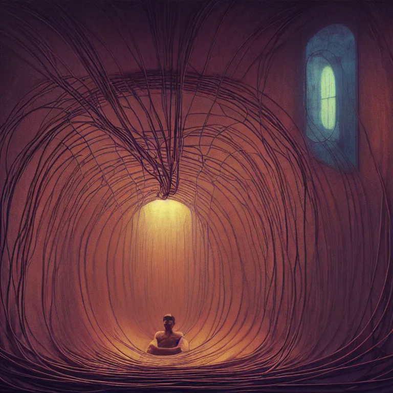 Image similar to beautiful man in spaceship interior covered with tubes wires by beksinski, soft bloom glow lucid dream - like atmosphere, baroque painting, perfect composition, detailed octane render trending on artstation, 8 k artistic photography, volumetric cinematic perfect light, chiaroscuro, masterpiece, raphael, caravaggio, beksinski, rutkowski, beeple