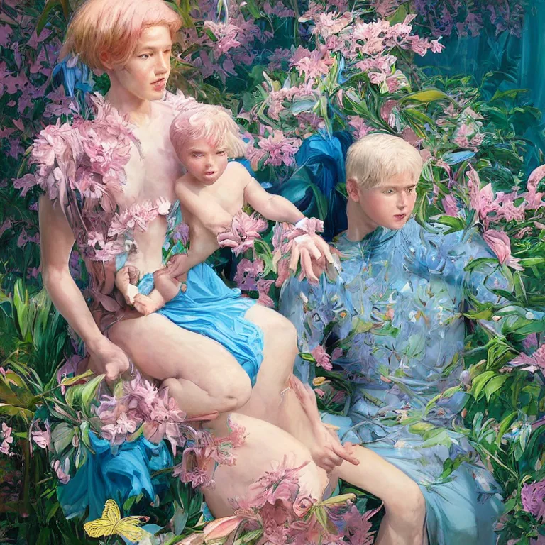 Prompt: a professional portrait of one swirly pink haired kid cyborg from movie ex machina wearing baby blue greek clothes, muted colors, colorful flowers, tropical, sunlight filtering through skin, dynamic hair movement, dynamic pose, glowing butterflies, j. c leyendecker, by alan lee, wlop! illustrated by starember, fantasy art by craig mullins