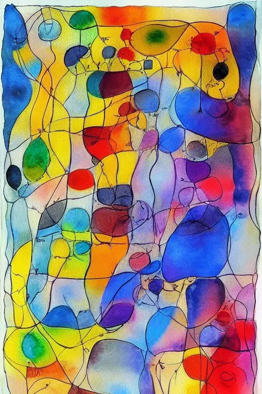 Image similar to a beautiful abstract yet intricate map drawn in pen by Sunil Das, overlayed by abstract watercolor painting by Paul Klee, Georgia O'Keefe, Joan Miro. Trending on Artstation.