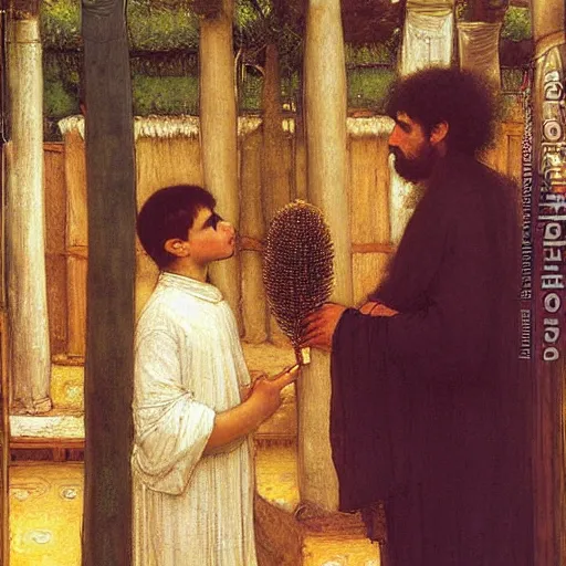 Image similar to father and son hold a lulav and citron in a sukkah, golden hour, painting by john william waterhouse, highly detailed