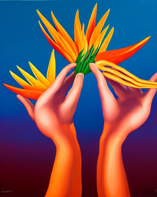 Image similar to neo-surreal painting of hyperrealistic veiny human hands holding Birds of Paradise flowers dali robert steven connett dramatic orange light 8k high angle shallow depth of field