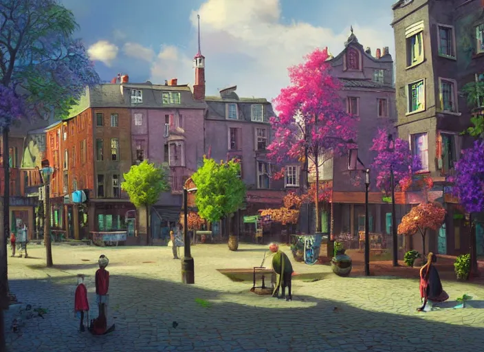 Prompt: dublin townsquare, summer morning, very coherent and colorful high contrast, art by gediminas pranckevicius, dark shadows, hard lighting