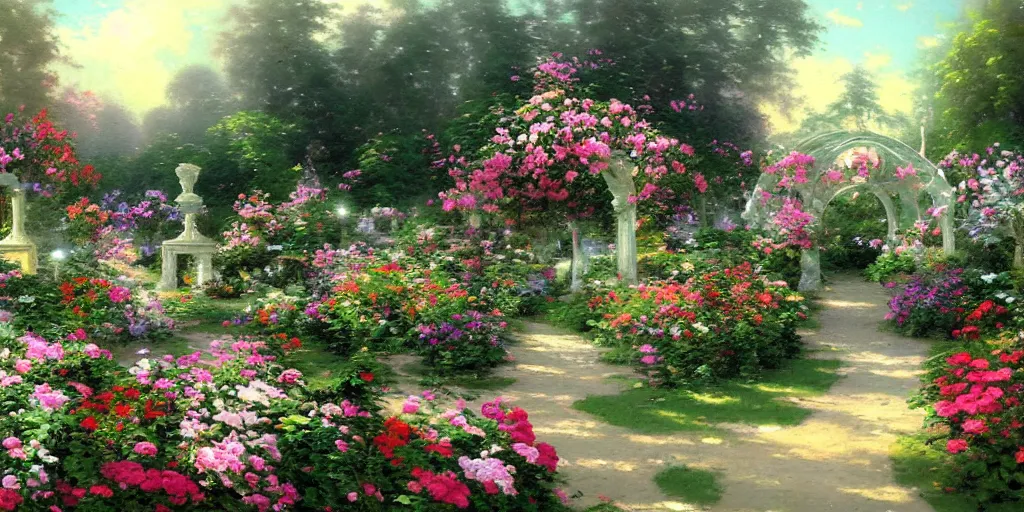 Prompt: A beautiful painting of a rose garden, Thomas Kinkade