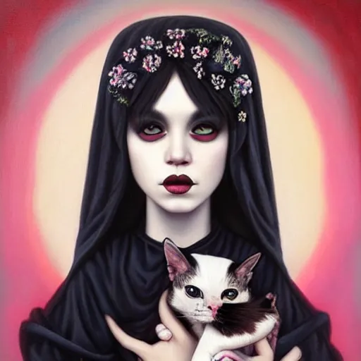 Image similar to a painting of an emo mexican woman holding a cat, a photorealistic painting by tom bagshaw and ( ( ( mark ryden ) ) ), trending on deviantart, gothic art, ilya kuvshinov, goth, storybook illustration