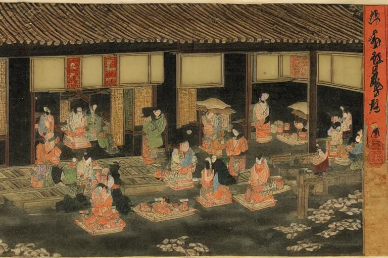 Prompt: a bustling tea house in the ming dynasty, lit by paper lanterns, at night, fantasy art