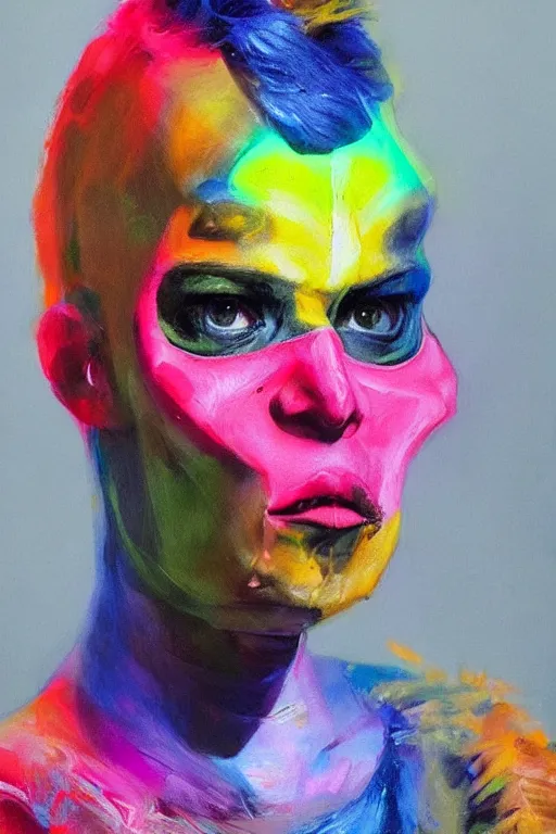 Image similar to a character wearing a diy costume with fluo colored details, muted colors, hyper real painting