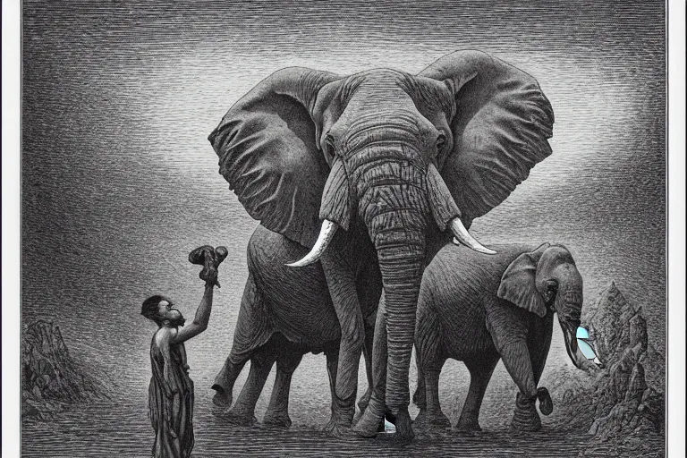 Image similar to elephant holding flat planet, Gustave Dore lithography