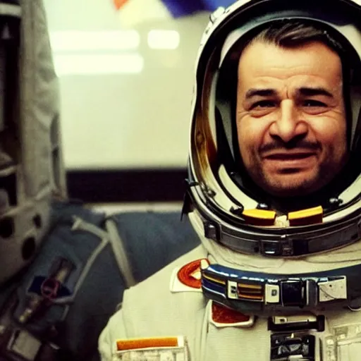 Image similar to close - up of a kurdish astronaut wearing a kurdistan flag badge in a movie directed by christopher nolan, movie still frame, promotional image, imax 7 0 mm footage