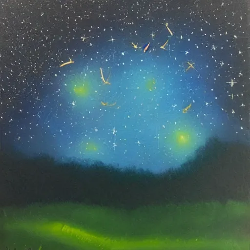 Prompt: Fireflies that blend with the starry sky, oil painting