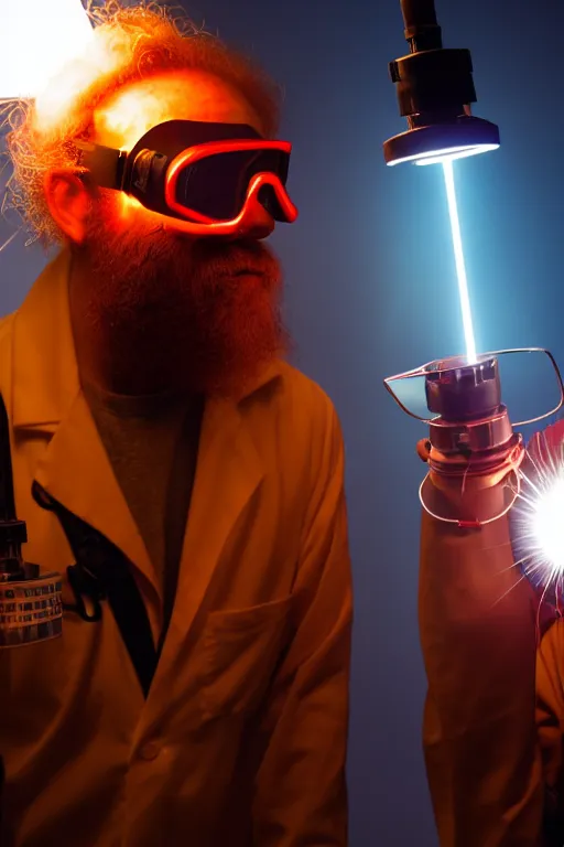 Image similar to a person with 3 eyes, person with a 3rd eye in the middle of their forehead, an awkwardly tall scientist with 3 eyes and a tangled beard and unruly red hair atop his balding head wearing a headlamp a labcoat and welding goggles and holding a beaker, led headlamp, high resolution film still, movie by Ivan Reitman