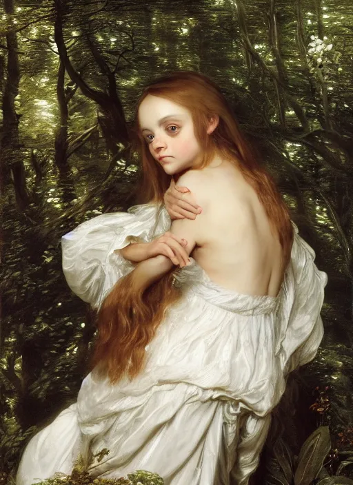 Prompt: Beautiful angel teenager, Looks like Christina Ricci, In the woods, Dramatic, Edge, Good, Infused, Backlight, De-Noise, VFX, insanely detailed and intricate, hypermaximalist, elegant, ornate, hyper realistic, super detailed, by Anthony Van Dyck, by Ivan Shishkin, by John Constable