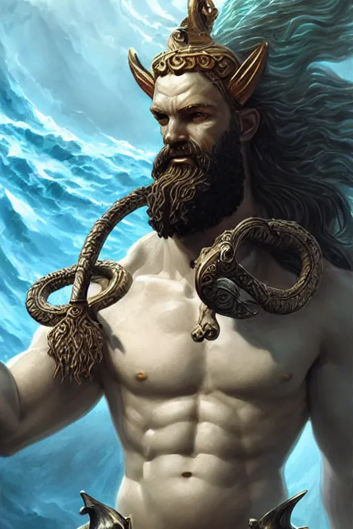 Image similar to poseidon humanoid god of the sea, trident, highly detailed, d & d, fantasy, highly detailed, digital painting, trending on artstation, concept art, sharp focus, illustration, art by artgerm and greg rutkowski and magali villeneuve