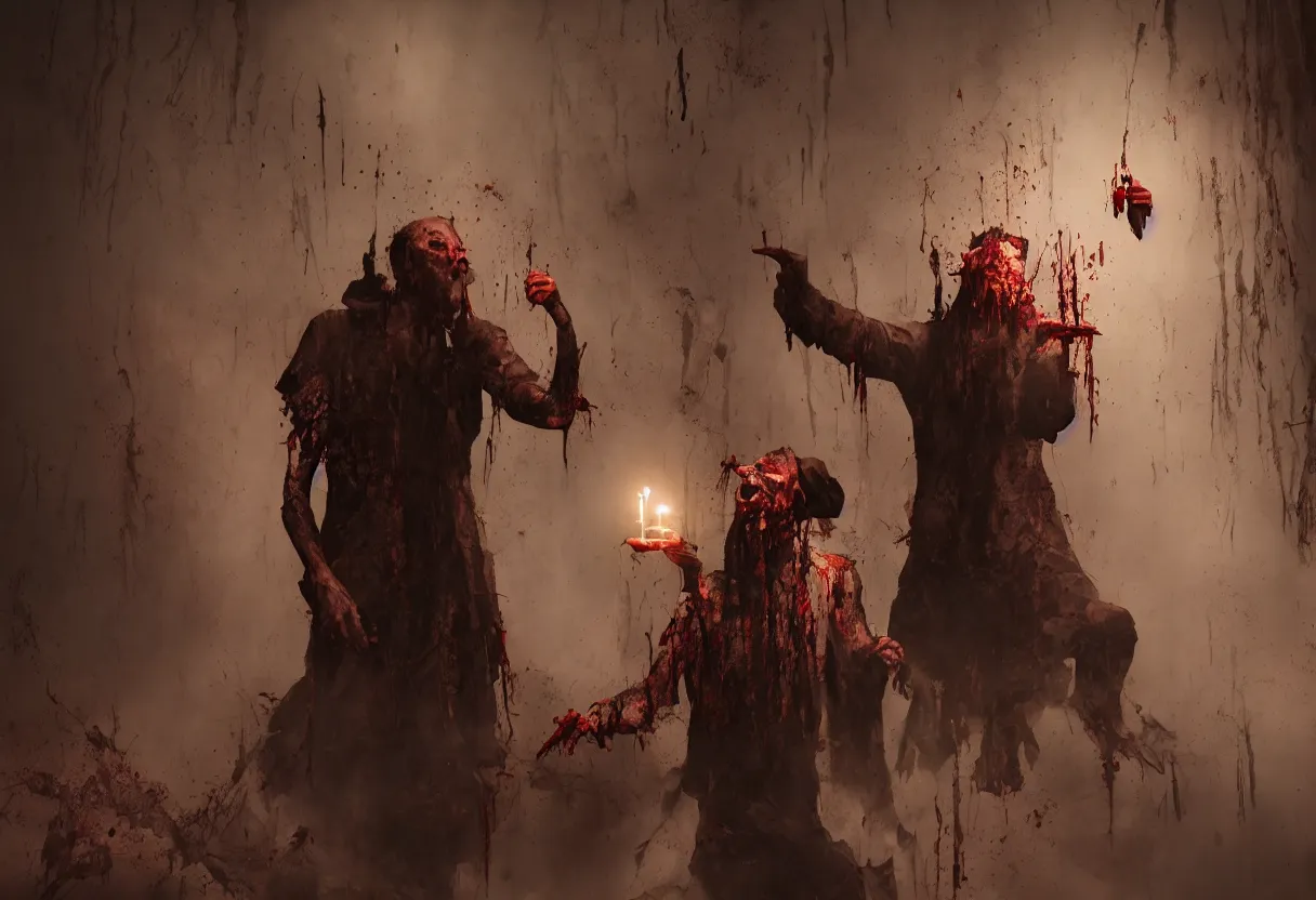 Prompt: creepy and eerie priest performing blood incantation, cinematic lighting, atmospheric, hyper realism, realistic, octane render, dramatic lighting, highly detailed, cinematic, art by juan gimenez